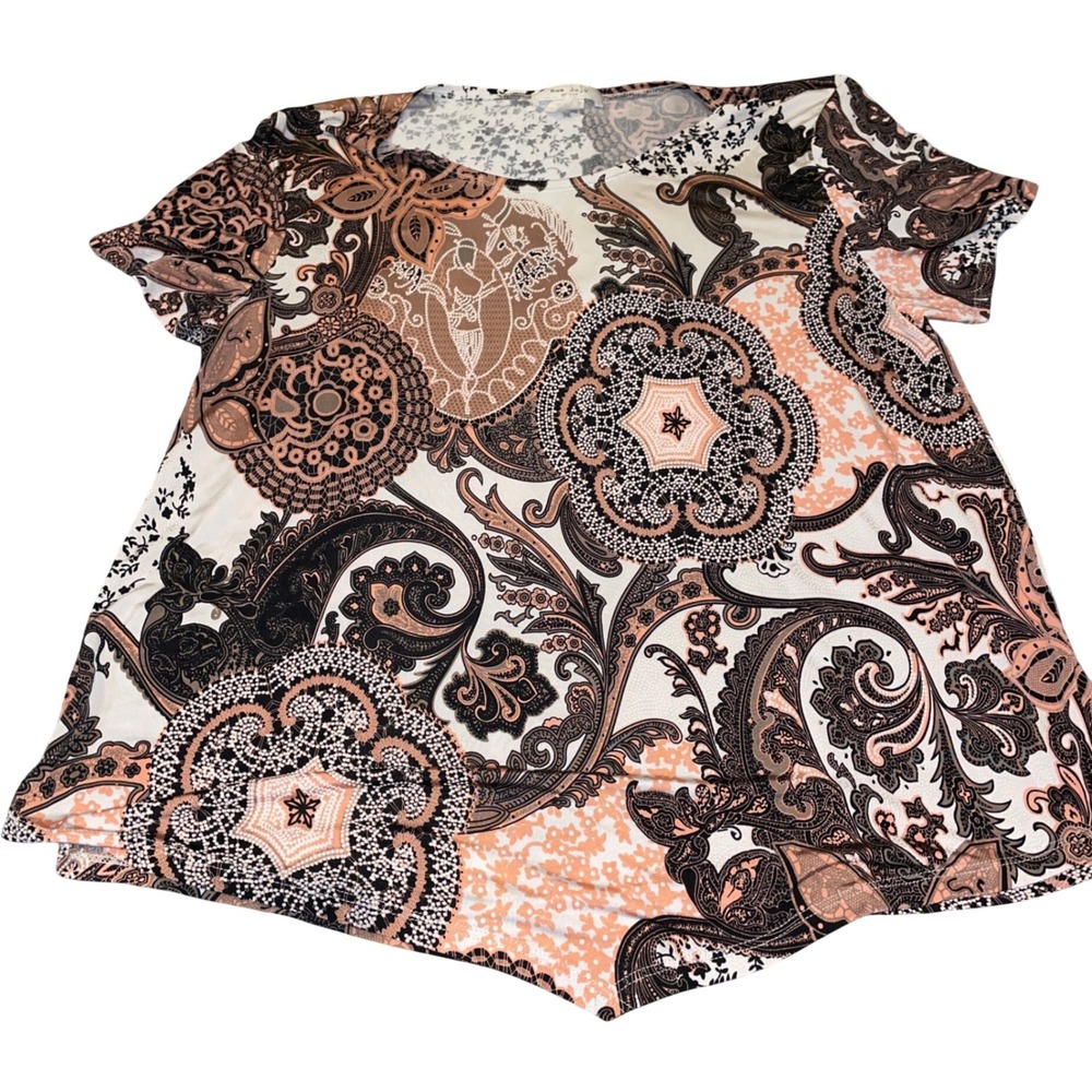 Rue Juju Petite Top Womens PXL Black Peach Paisley Mandala Print Boho Blouse